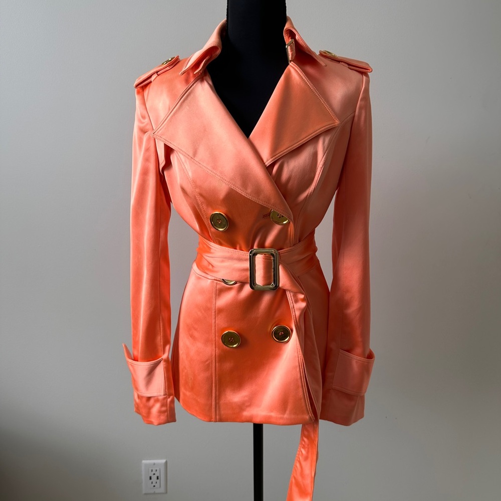 Cache Orange Satin Trench Coat with Gold Accents